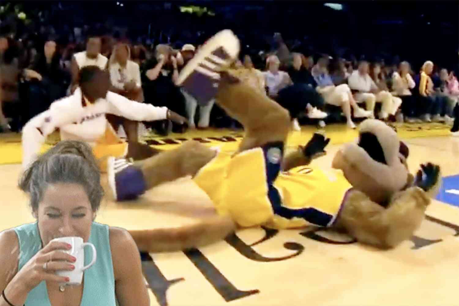 Thumbnail for WNBA mascot leveled by performer doing back handsprings