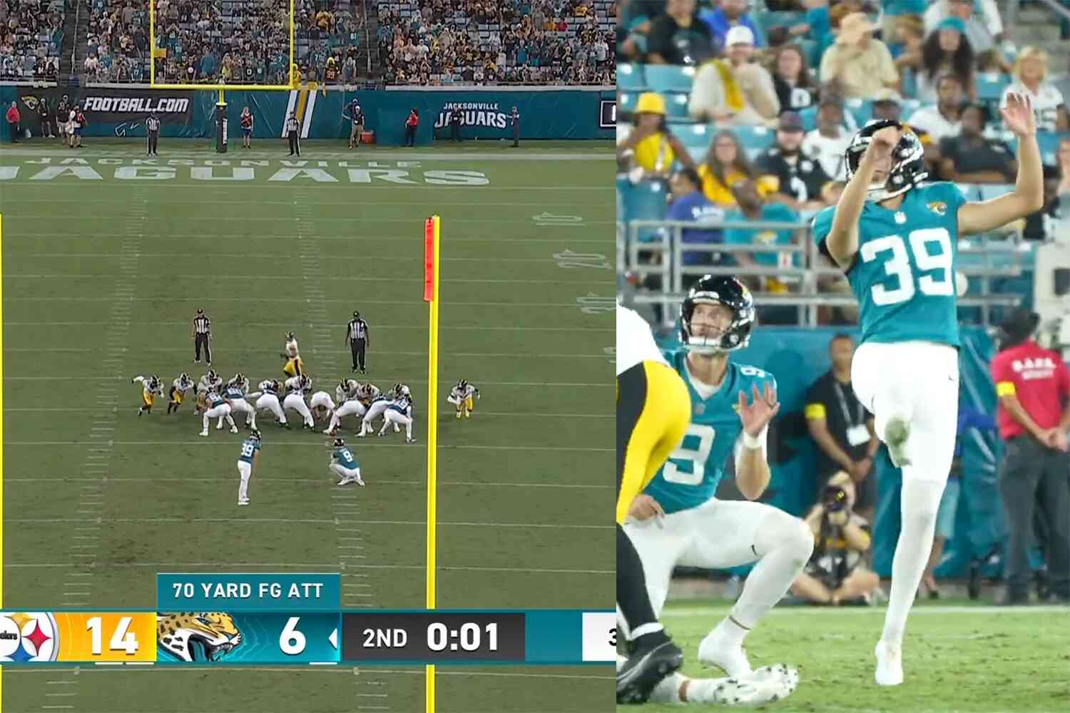 Thumbnail for Jags kicker knocks home a 70-yard field goal for what would be an NFL record if it wasn't the preseason