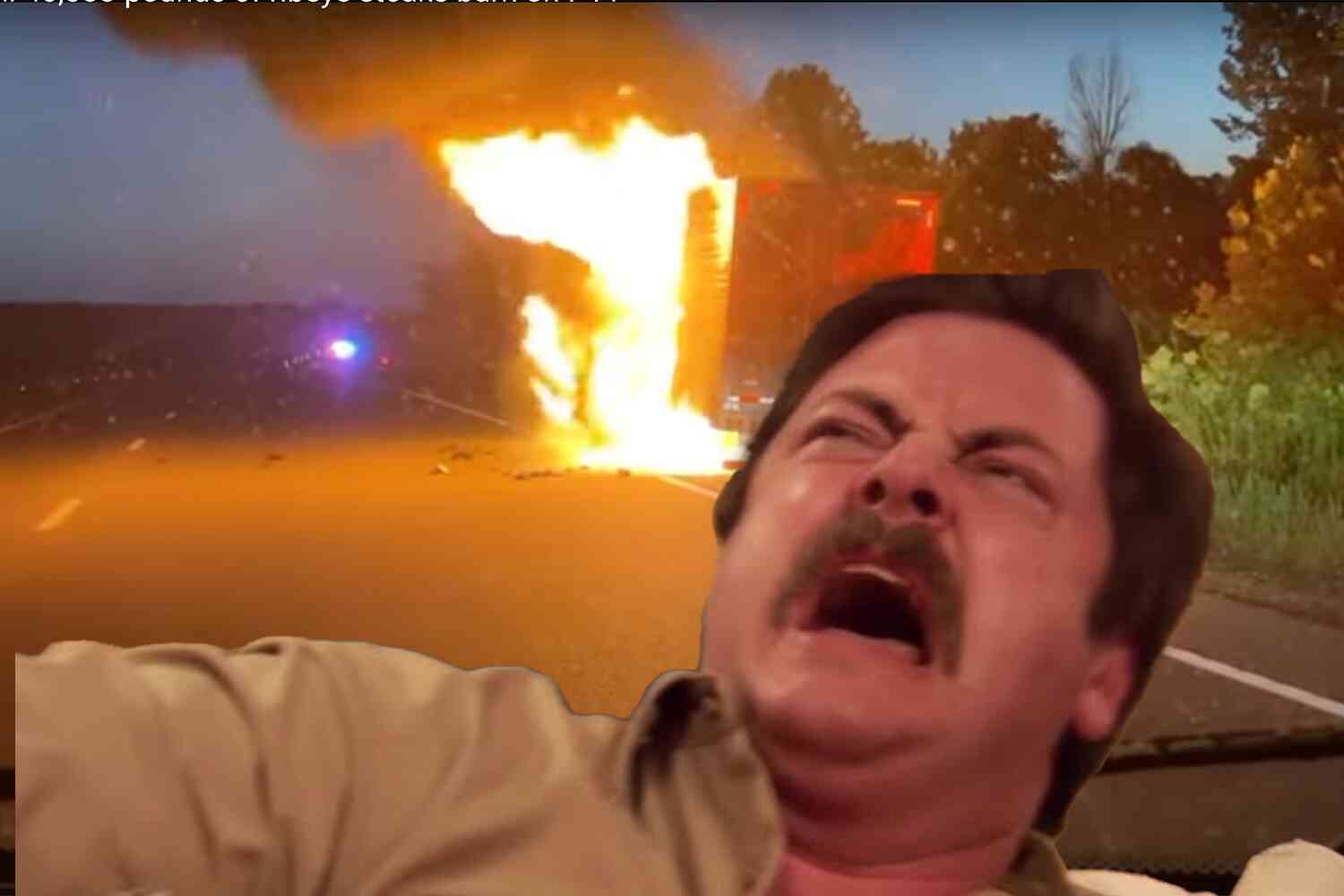 Thumbnail for 20 tons of ribeye end up very-well done after truck bursts into flames