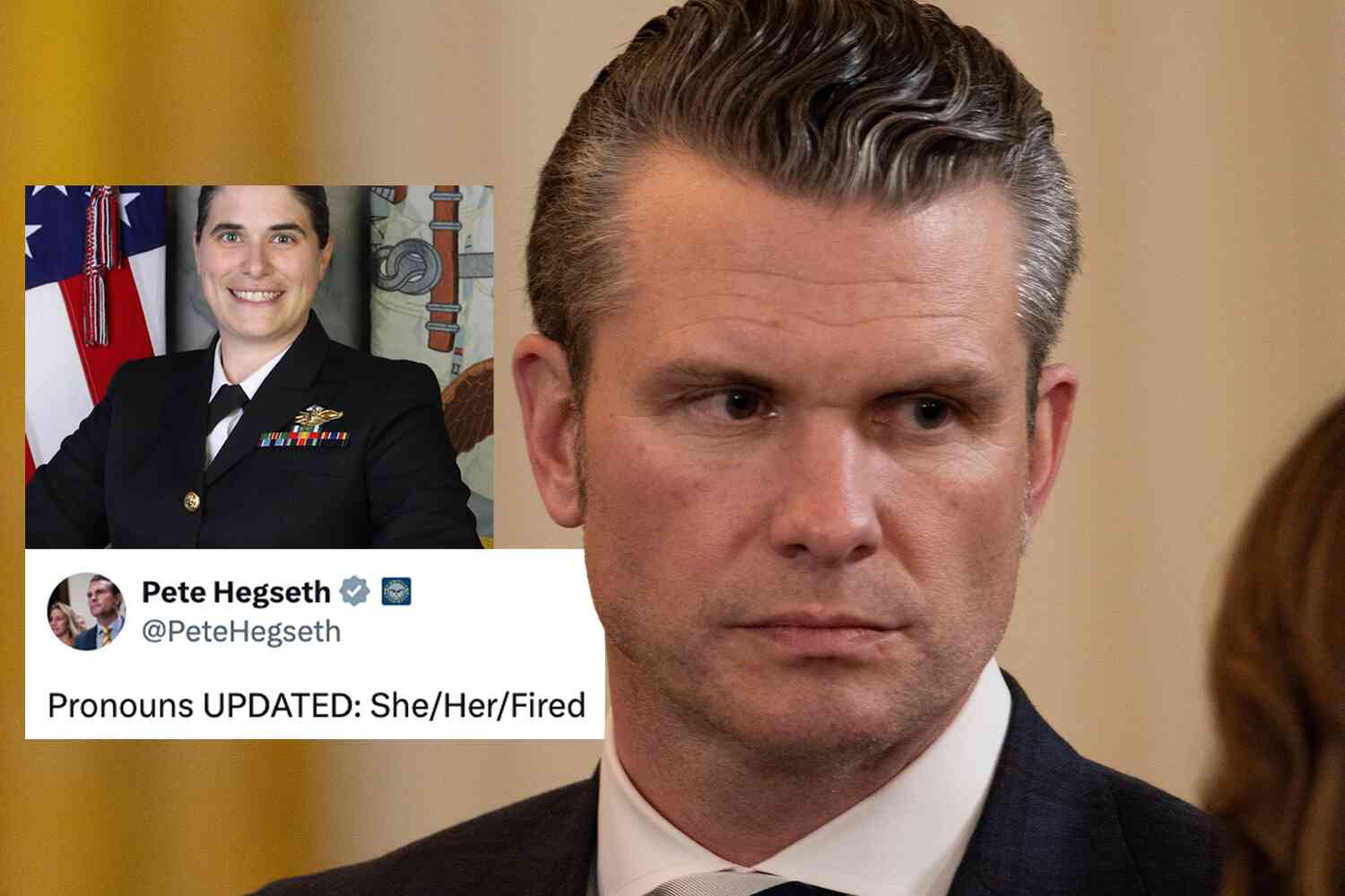 Thumbnail for Pete Hegseth updates pronouns of Navy's "transgender healthcare" director to "She/Her/Fired"