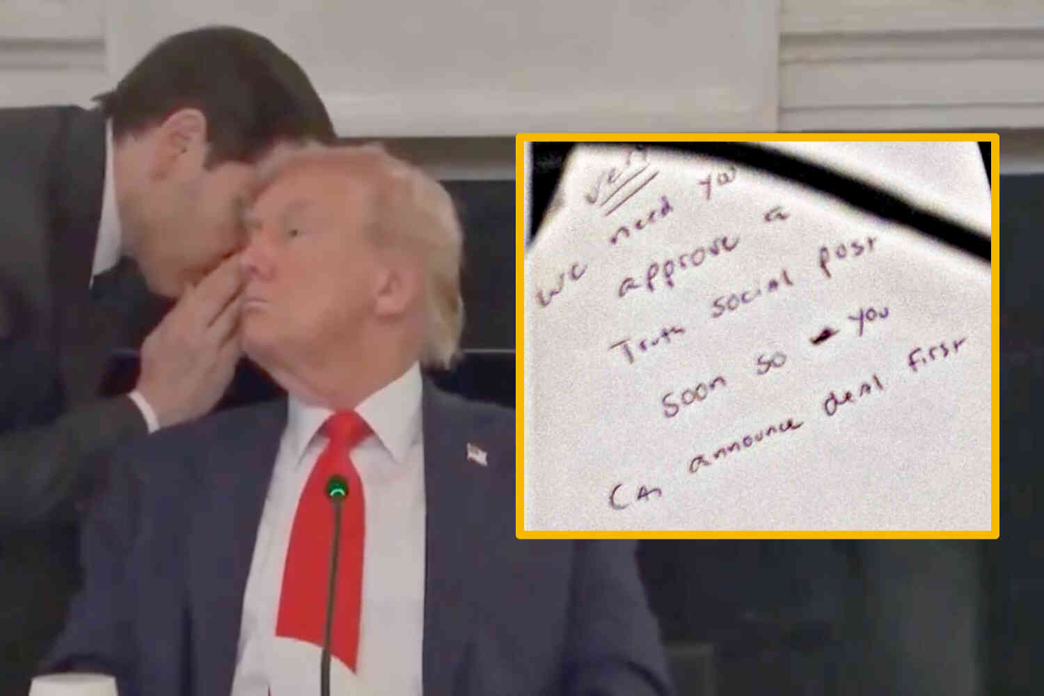 Image for article: US secretary of state passed note to president asking him to approve social media post before Gaza peace deal was finalized